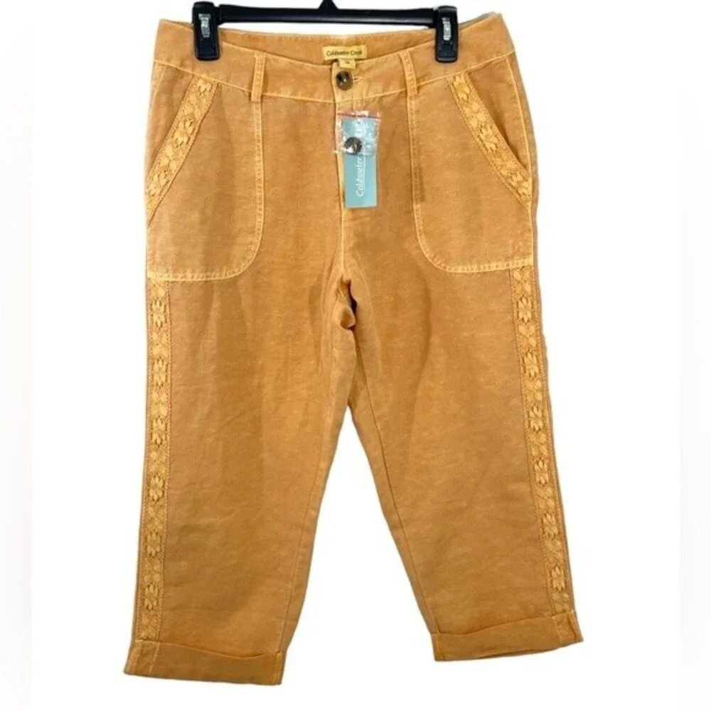 NWT Coldwater Creek Linen Blend Capris Size 10P Lace Accent Pants in Sherbet